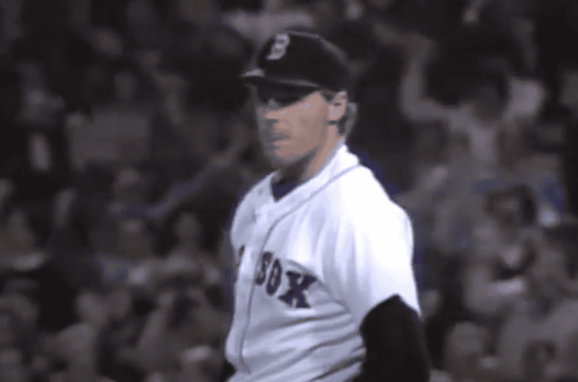 Image of Roger Clemens dominating the mound during his 20-strikeout game in 1986.
